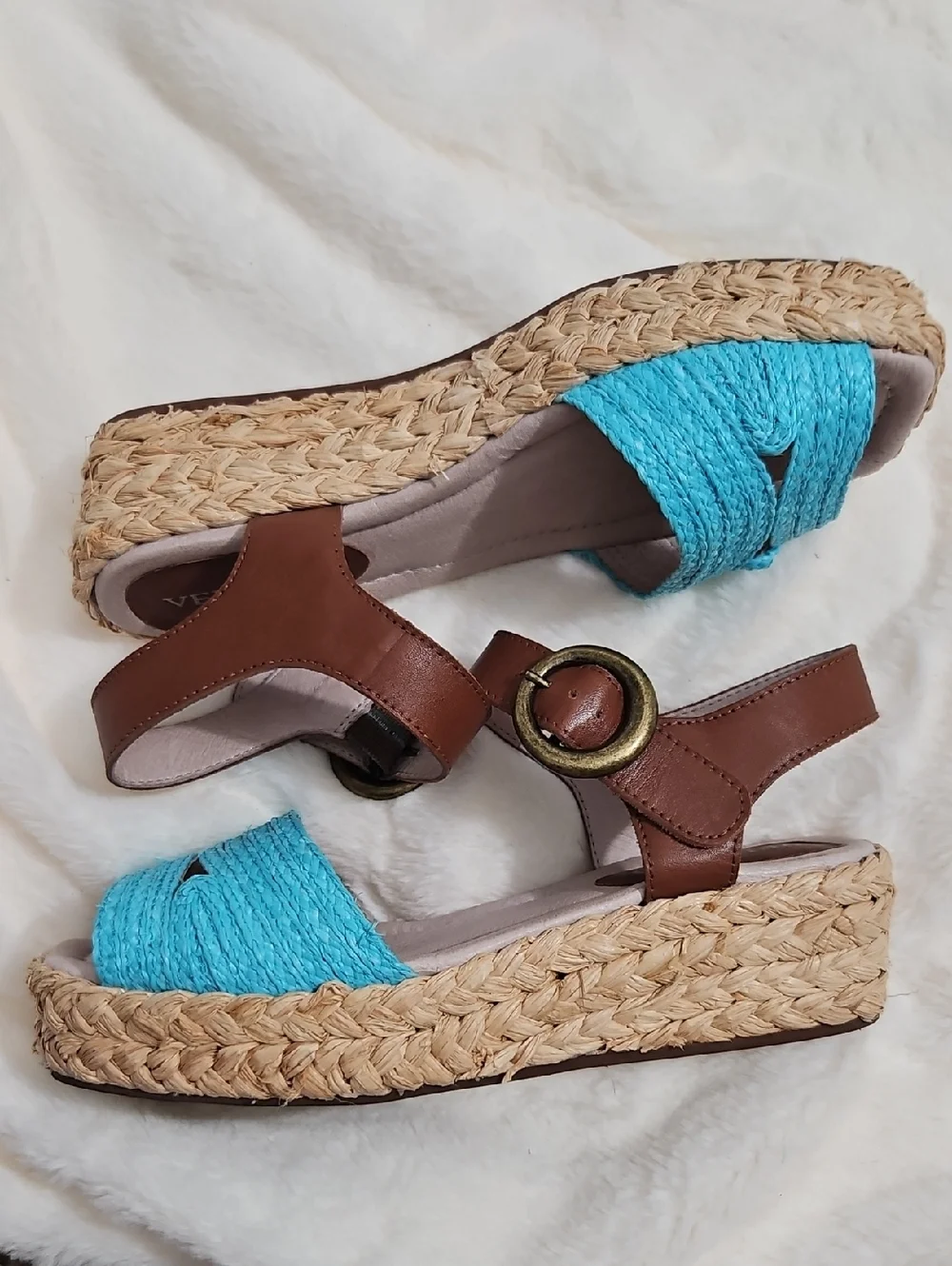 Veletto Platform Sandals Size 38 Turquoise Blue Leather Espadrille Wedge